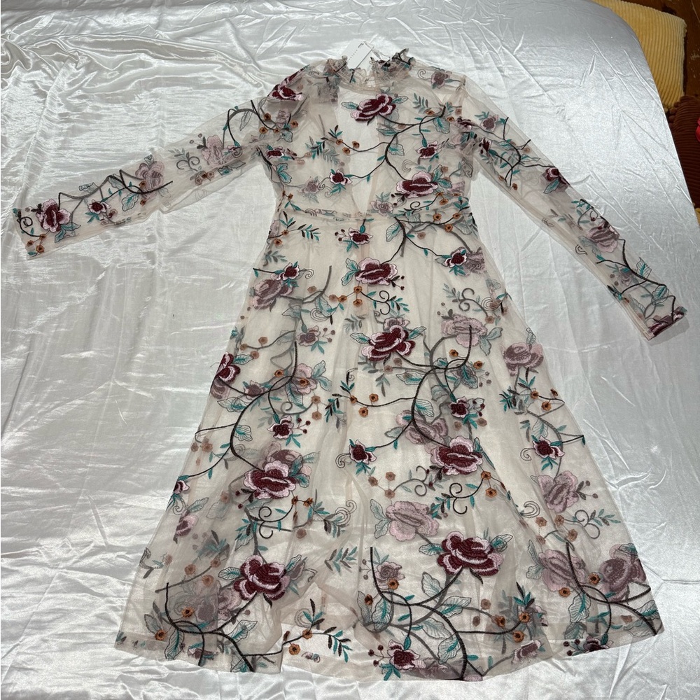 Endless Rose Sheer Long Sleeve Dress with Floral Embroidery